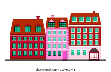 City life. Colorful houses in the Scandinavian style. Landscape with building facades. Vector illustration isolated on white background
