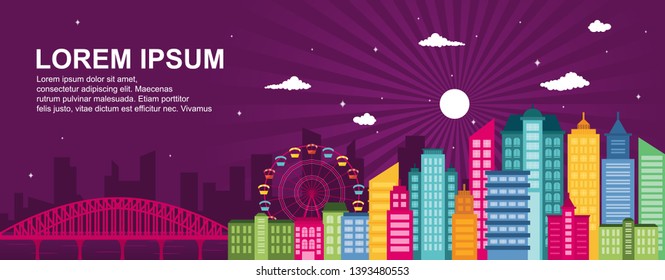 City Life Concept Cityscape Landmark Horizontal Landing Page Banner Illustration