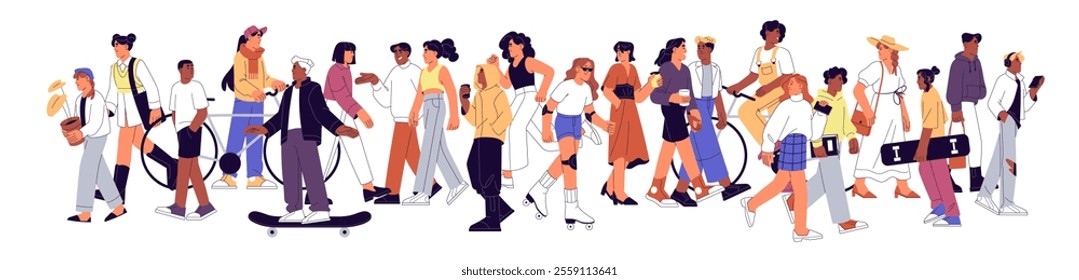 City life concept. Crowd walks on urban streets. Diverse people stroll, communicate on the go. Lots of men, women cycling, carry skateboards, coffee outdoor. Flat isolated vector illustration on white