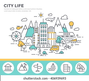 City life concept illustration , thin line, flat design