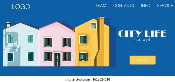 City life concept site with colorful pink and yellow buildings
