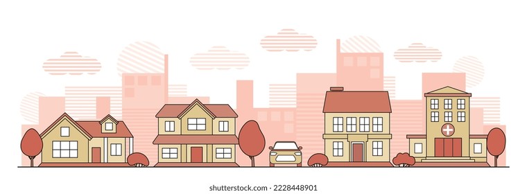 City life concept. Streets and landscape, comfort and coziness. Houses and private property next to car. Panorama and horizontal view. Background or cover for website. Cartoon flat vector illustration