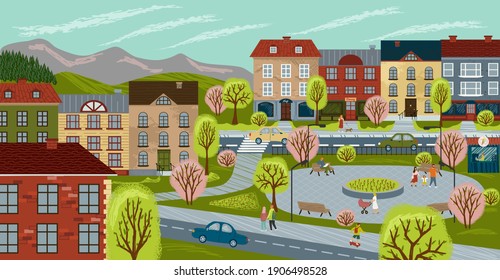 Ilustración vectorial del concepto de vida de la ciudad. Cartel dibujado a mano por el paisaje urbano con calles, gente, autos, casas bonitas y árboles en una plaza del pueblo. Paisaje urbano, edificios urbanos, parque de verano