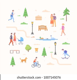 City life constructor - set of modern flat design style elements isolated on light background. Trees, lanterns, benches, skater, running, cycling boy, couples, walking girl, bin, gate, road, cloud