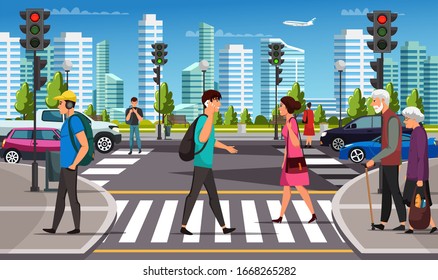 City life. Crosswalk with traffic lights. Car, pedestrian crossing road over urban background. Young man and woman, teenager, elderly couple, businessman with phone moving by road. Vector illustration