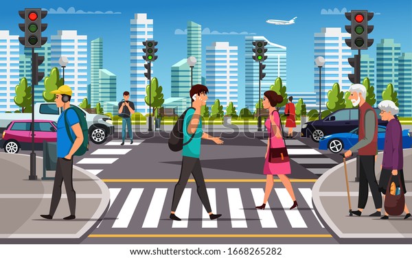 City life. Crosswalk with traffic lights.\
Car, pedestrian crossing road over urban background. Young man and\
woman, teenager, elderly couple, businessman with phone moving by\
road. Vector illustration