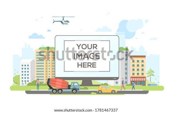 City life - flat design style vector illustration\
on white background. Lovely cityscape with buildings, shops,\
citizens, concrete mixer, car, helicopter. A computer monitor with\
place for your image