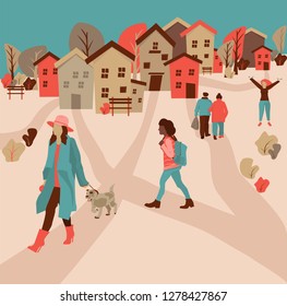 City life  flat vector illustration. Outdoor activism in urban park. People spend time relaxing in the autumn park, walking the dog, elderly men and women walk together. 
