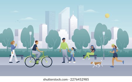 Ilustración vectorial plana de vida de la ciudad. La gente camina, corre, va en bicicleta y pasa tiempo en un parque público sobre un paisaje urbano. Recreo al aire libre los fines de semana.