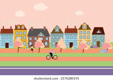  City life flat vector illustration. People walking, running, cycling and spending time in a public park on an urban cityscape background. Weekend outdoor recreation.