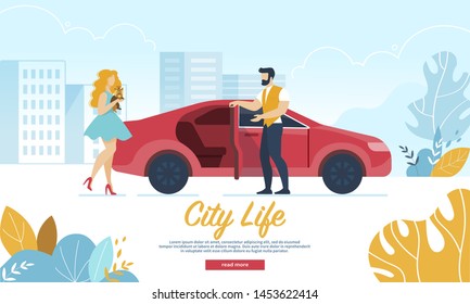 City Life Horizontal Banner. Young Handsome Man Open Car Door Inviting Adorable Woman with Little Dog to Come in. Loving Couple Having Dating, Love, Leisure Spare Time Cartoon Flat Vector Illustration