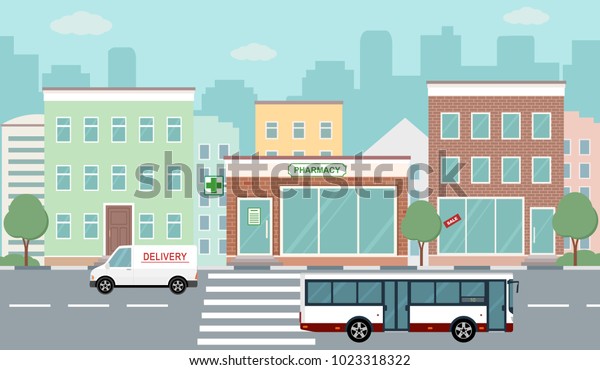 City life illustration with house\
facades, road and other urban details. Flat style, vector.\
