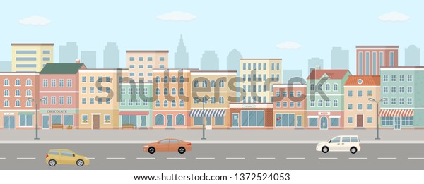 City life\
illustration with house facades, road and other urban details. 3d\
panoramic view. Vector\
illustration.