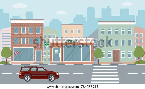 City life illustration with house\
facades, road and other urban details. Flat style,\
vector.