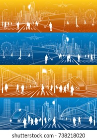 City life illustration set. Ship in port. Train at station. Modern architecture and business town. Transport infrastructure. People walk down street. Illuminated highway. Vector design art  