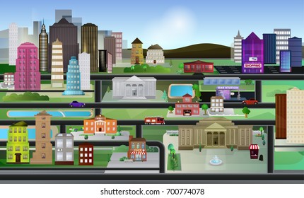 City life Infographic. Big set different buildings and houses on green background. Design museums, restaurant and cafe, hotels, shops and other colorful vector signs.