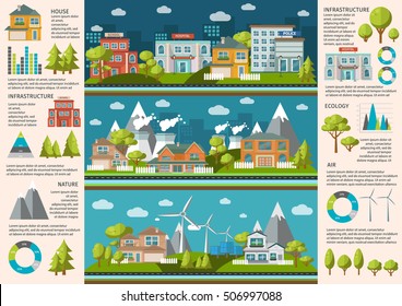 City life infographics with social infrastructure industrial buildings and green energy charts and statistics vector illustration