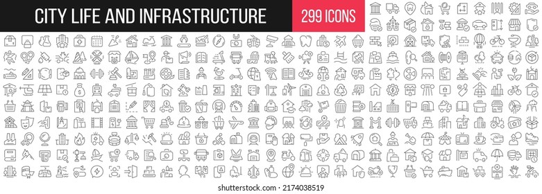 Lineare Symbolsammlung für Stadtleben und Infrastruktur. Große Menge von 299 dünnen Linien Icons in Schwarz. Vektorgrafik