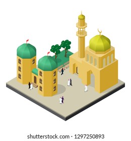 City life in isometric view. Mosque with minaret, urban building, trees, benches, men and women in muslim clothes.