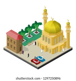 City life in isometric view. Mosque with minarets, urban building, trees, benches, cars men and women in muslim clothes.