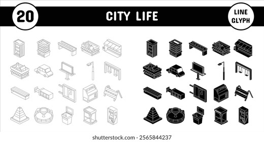 City Life Line Glyph Vector Illustration Icon Sticker Set Design Materials