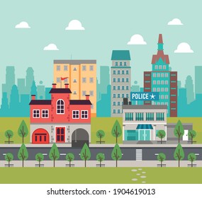 city life megalopolis cityscape scene with police station and buildings vector illustration design