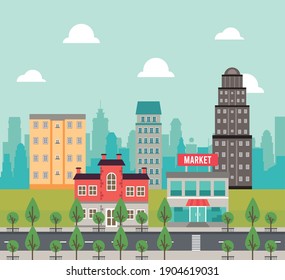 city life megalopolis cityscape scene with market and trees vector illustration design