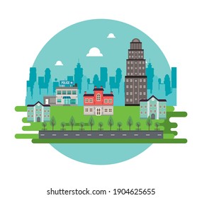 City Life Megalopolis Cityscape Scene With Buildings And Police Station Vector Illustration Design