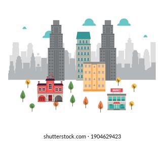 city life megalopolis cityscape scene with market and skyscrapers vector illustration design