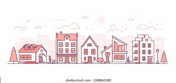 City life - modern thin line design style vector illustration on white background. Red colored high quality composition, landscape with facades of different buildings, shop, lantern, people walking