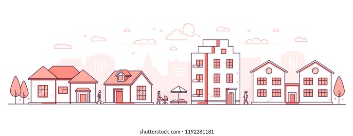 Vida da cidade - ilustração vetorial estilo de design de linha fina moderna no fundo branco. Composição de alta qualidade de cor vermelha, paisagem com fachadas de edifícios, casas de campo, caixa de areia, pessoas andando