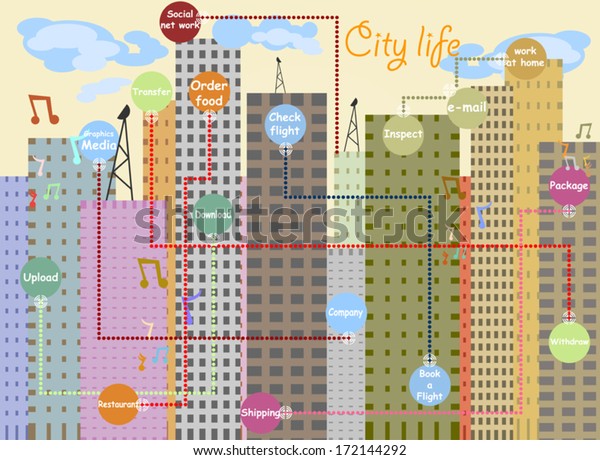 City Life Network Communication Cartoon Background Stock Vector