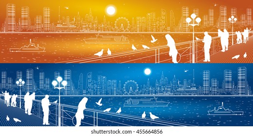 City life panorama. Urban skyline. People watching from the bridge to the river and megalopolis, ships on the water. Infrastructure and transportation illustration, vector design art, day and night