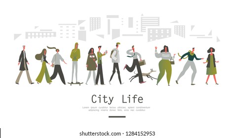 City life, pedestrians men and women walk along a city street, a set of people of different ages Group of male and female flat cartoon characters isolated on white background. Vector illustration