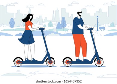 City life. People on scooters. Eco transport. Cartoon couple riding scooters in park. Banner vector illustration. Girl and boy transporting around town and having tour. Spending free time together