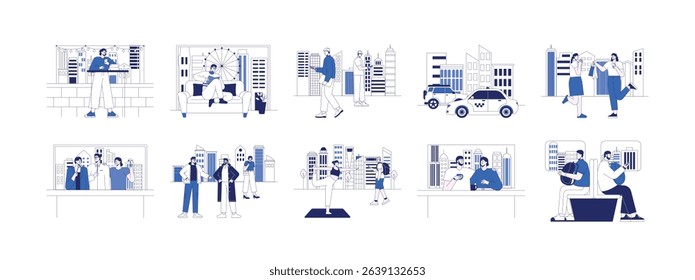 City life with people using their time according to their own wishes, vector illustration.