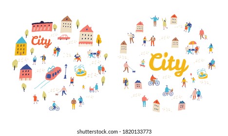 City life. People walking outdoor. Male and female flat vector characters isolated on white background.	
