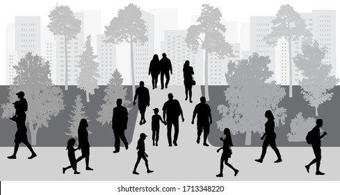 City life. People walking in park, silhouettes. Vector illustration.