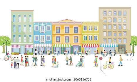 City life, with restaurants pedestrians and families at leisure, illustration