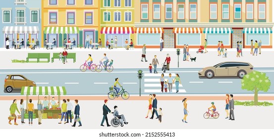 City life, with restaurants pedestrians and people at leisure, illustration