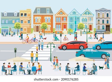 City life, with road traffic, pedestrians and families in free time, illustration