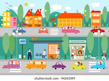 City life scene with bus stop - vector