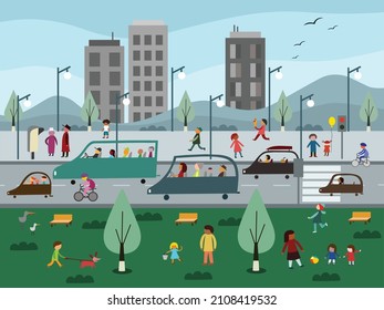 City life scene landscape with park, street, buildings and people - vector