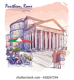 City life scene in Rome. Pantheon and groups of people wandering around. Watercolor imitating painted sketch. EPS10 vector illustration.