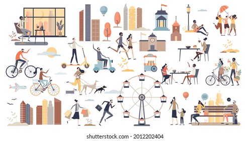 City life scenes and daily urban routine elements tiny person collection set. Environment with real estate, business office, transportation, family recreation and everyday moments vector illustration.