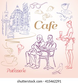 City life. Set 11. Retro scetches of Paris life, Eiffel Tower, beautiful woman, patisserie, rose, dowes, dessert, coffe. Paris doodle icons