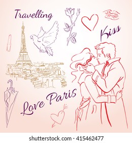 City life. Set 5. Retro scetches of Paris life, Eiffel Tower, beautiful woman, patisserie, rose, dowes, dessert, coffe. Paris doodle icons