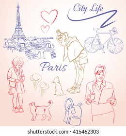 City life. Set 6. Retro scetches of Paris life, Eiffel Tower, beautiful woman, patisserie, rose, dowes, dessert, coffe. Paris doodle icons