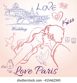 City life. Set 7. Retro scetches of Paris life, Eiffel Tower, beautiful woman, patisserie, rose, dowes, dessert, coffe. Paris doodle icons