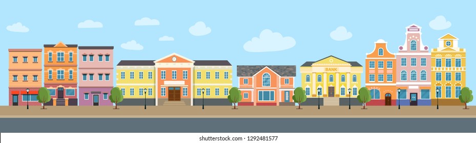 City life set buildings. City street panoramic. Vector flat style illustration.